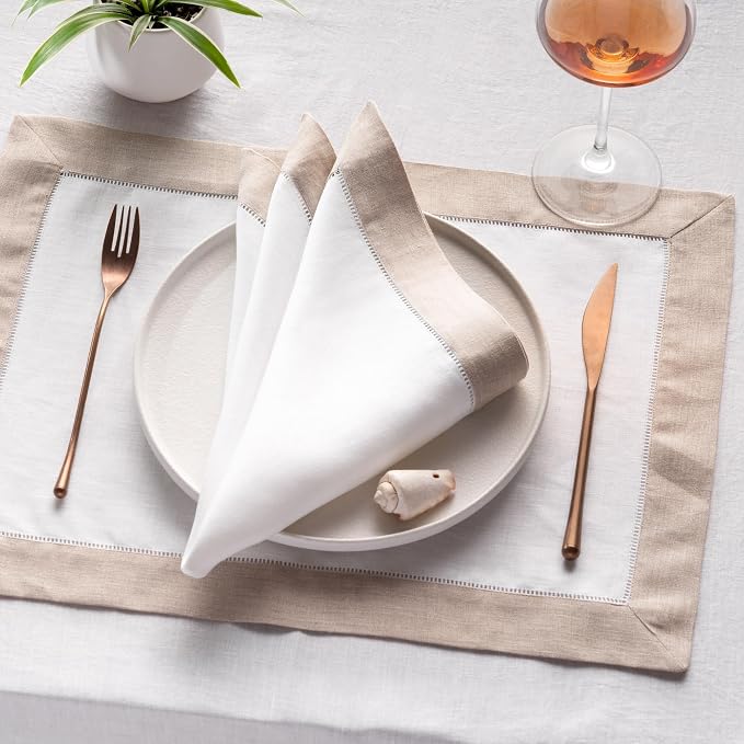 Linen Napkins 20 x 20 inch - 100% Pure Linen White and Natural Dinner Napkins Set of 4 - Hemstitch Napkins Cloth Washable for Easter Day and Spring Decor - Image 6