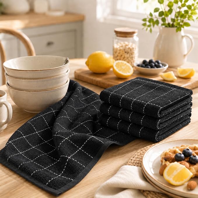 Kitinjoy 100% Cotton Terry Kitchen Towels, 13”x 28”, 6-Pack, Black | Checkered Designed, Ultra Soft Absorbent Quick Drying Dish Towels - Image 3