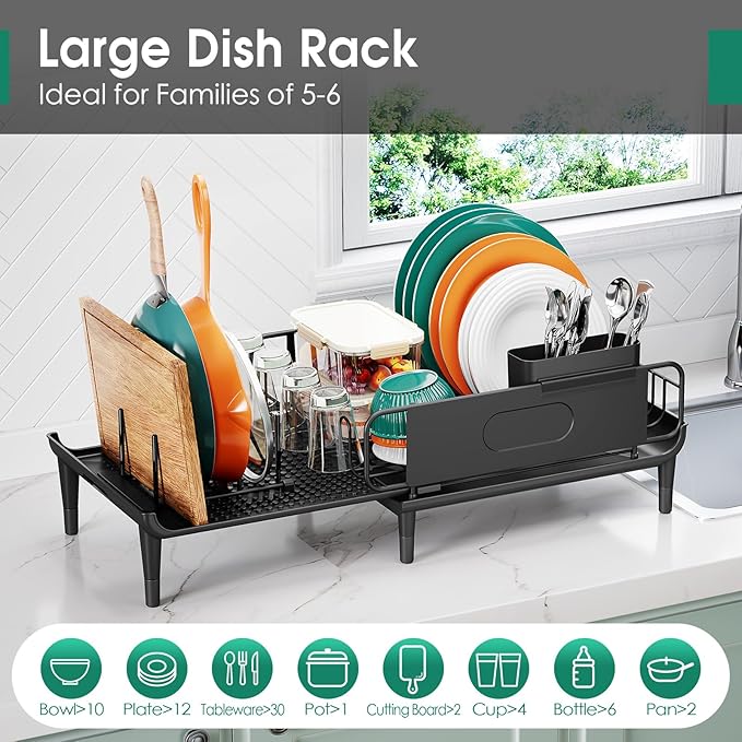 Urackify Expandable Dish Drying Rack with Drainboard for Kitchen Counter | Expands from 16.9 to 26.6 inches to fit more dishes, plates with fast drainage and flexible placement for any sink - Image 5