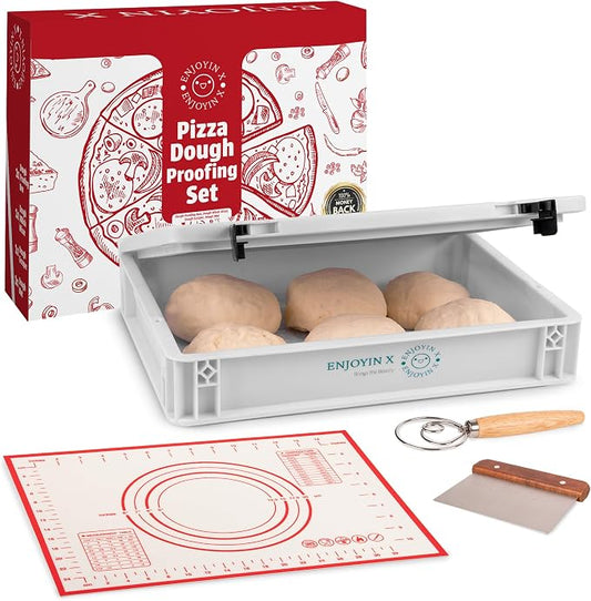 Pizza Dough Proofing Box with Lid - Includes Dough Whisk, Scraper & Mat - Perfect for Bread, Sourdough & Pizza Dough Proofing – Reusable, Stackable, Dough Tray Container by ENJOYINX-FORPIZZALOVERS