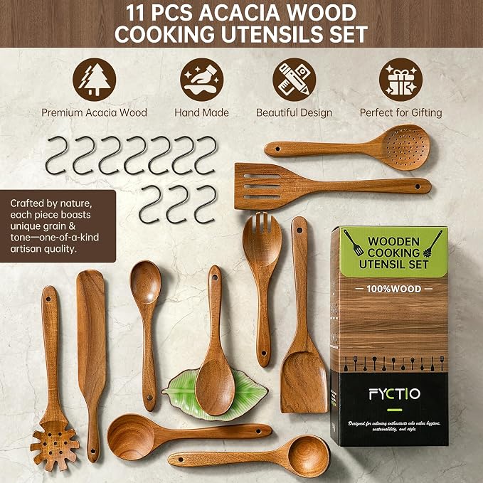 11 PCS Natural Acacia Wooden Utensil Set Wooden Spoons for Cooking | Non-Toxic, Nonstick Friendly, Sturdy & Easy to Clean, With Ceramic Spoon Rest & 10 Hooks, Ideal Housewarming Gift - Image 2