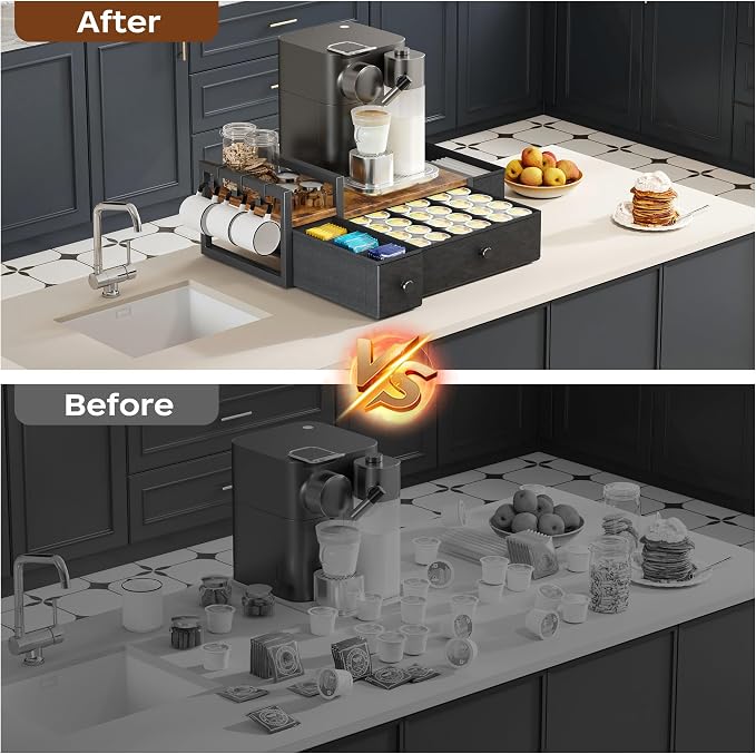 Homeiju Coffee Pod Drawers - K Cup Organizer, Nespresso Pods Holder with Mug Rack, Coffee Holder for Countertop, 52 Capacity Pods, Suitable for Kitchens, Offices and Coffee Bars(Brown) - Image 9