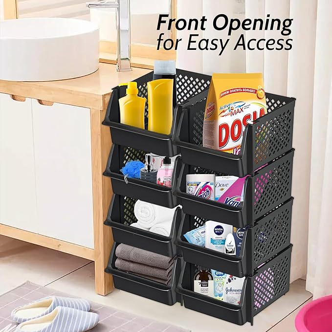 Skywin Stackable Storage Bins Open Front for Pantry Storage, 4 Pack - Black | Sturdy Plastic, Easy Stacking, Open Front Access, Ventilated Sides, Vertical & Space Saving Pantry Organizers and Storage Bin - Image 4