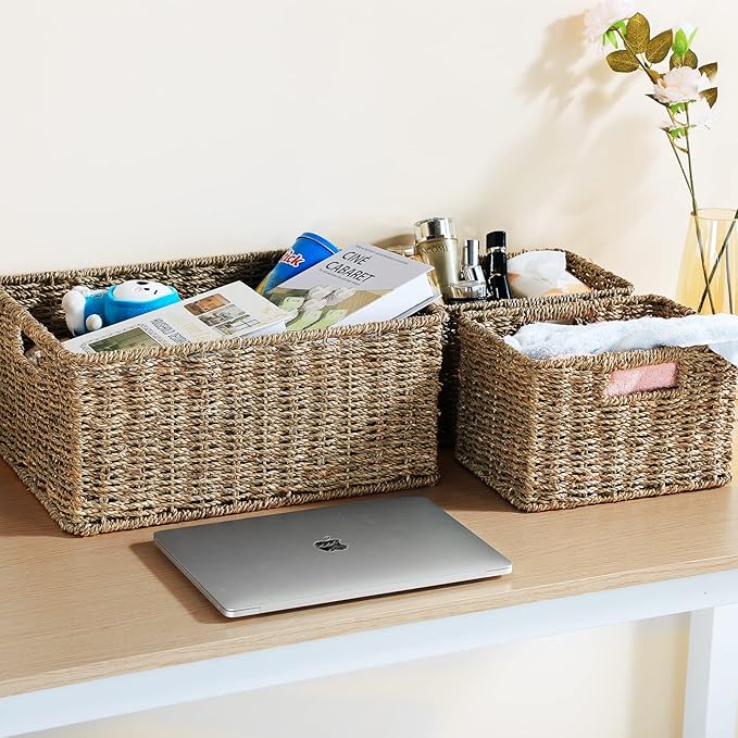 HOONEX Large Wicker Baskets for Storage, Seagrass Baskets with Dual Handles, Woven Baskets for Storage, Set of 3, Natural - Image 6