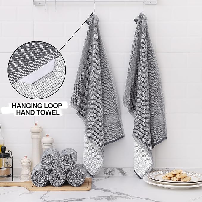 Homaxy 380 GSM Cotton Premium Kitchen Towels 3 Pack, 18"x 28", Grey | Flat and Terry Dish Towels, Highly Absorbent Tea Towel Set with Hanging Loop, Soft Utility Kitchen Hand Towels - Image 3