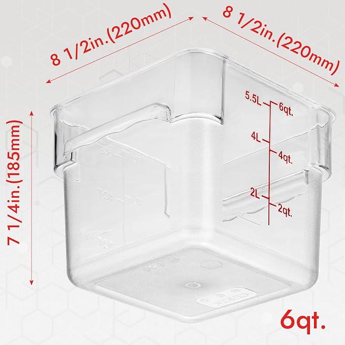 4 Pack Food Storage Container with Red Lid - NSF Commercial Grade in 6.0 Qt - Square, Clear, Polycarbonate - Image 7