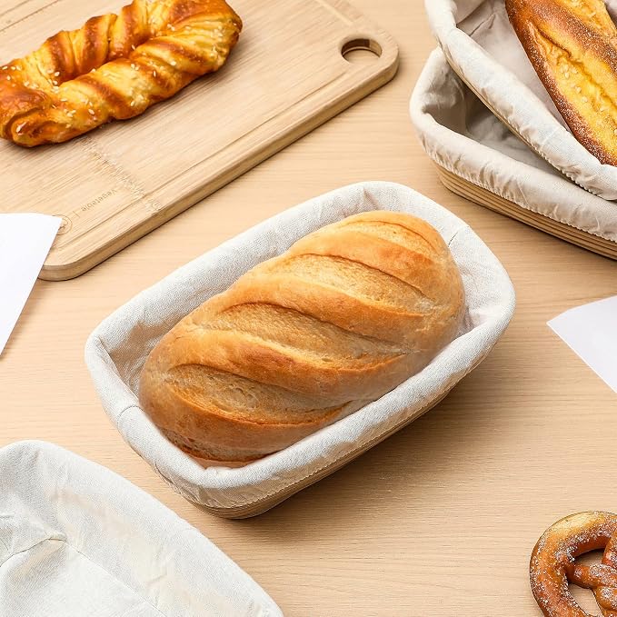 Nuogo 4 Pieces 10 Inch Bread Banneton Proofing Basket Rattan Banneton Dough Proofing Bowls with Liners and Scatters for Home Sourdough Baking (Rectangle) - Image 6