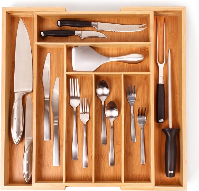 BergHOFF Bamboo 8-Slot Expandable Flatware Organizer, Expand between 12.75" to 18.5 | Durable Wood Drawer Divider For Flatware Storage, Adjustable Kitchen Silverware & Cutlery Tray, Fits 12.75" To 18.5" Drawers by BergHOFF