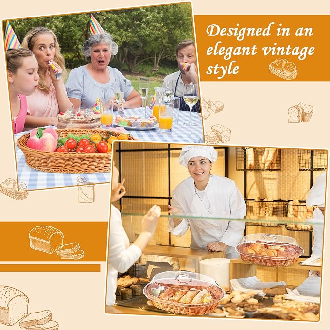 Hushee 2 Set Imitation Rattan Bread Basket with Lid Wicker Bread Baskets for Serving Woven Fruit Basket with Cover Oval Food Baskets for Food Vegetables Display(13.78 x 9.84 Inch, 15.75 x 11.81 Inch) - Image 7