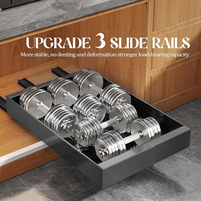 Seinloes 4 Pack Expandable Pull Out Cabinet Organizer 21" Deep With Raising Pad for Framed Cabinets,Upgrade 3 Slide Rails Slide Out Drawers,No Drill Roll Out Shelves,Adjustable Width 9"-14" Black - Image 4