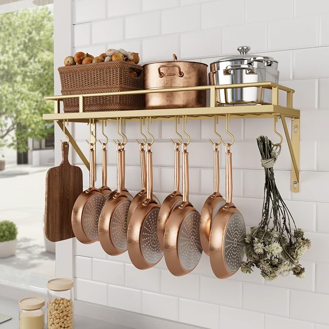 KES 30-Inch Gold Pot Rack, Wall Mounted Hanging Pot and Pan Organizer | 12 Sturdy Hooks, Elegant Modern Kitchen Wall Hanger Shelves, KUR215S75A-GD by KES