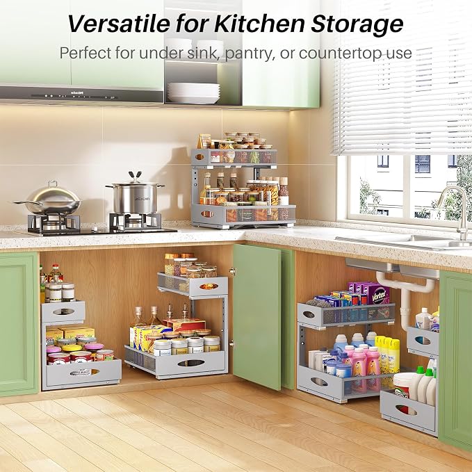 Under Sink Organizer, 2-Pack Pull Out Cabinet Organizer 2 Tier Metal Slide Out Storage Shelf Rack, L-Shaped Adjustable Height,Mesh Sliding Drawer for Kitchen, Bathroom, Laundry, Pantry, Grey, XL - Image 8