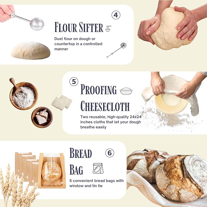 JoeCo Sourdough Starter Kit, Complete Starter-To-Loaf Set with Instructions, Sourdough Starter Jar, Silicone Proofing Baskets, Danish Dough Whisk, Dough Scraper, Bread Lame & Sourdough Baking Supplies - Image 7