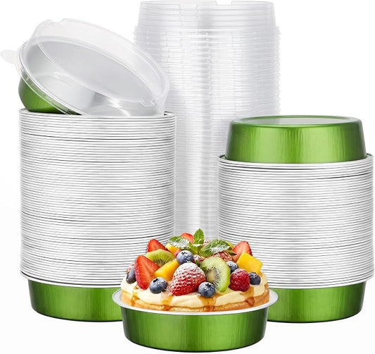 Beasea Mini Pie Pans with Lids, 120 Pack 7.3oz Avocado Green Disposable Aluminum Foil Pie Tart Baking Cups Tins, 4 Inch Mini Cake Pans Individual Dessert Containers Oven Dishes for Tart Cheesecake by Beasea