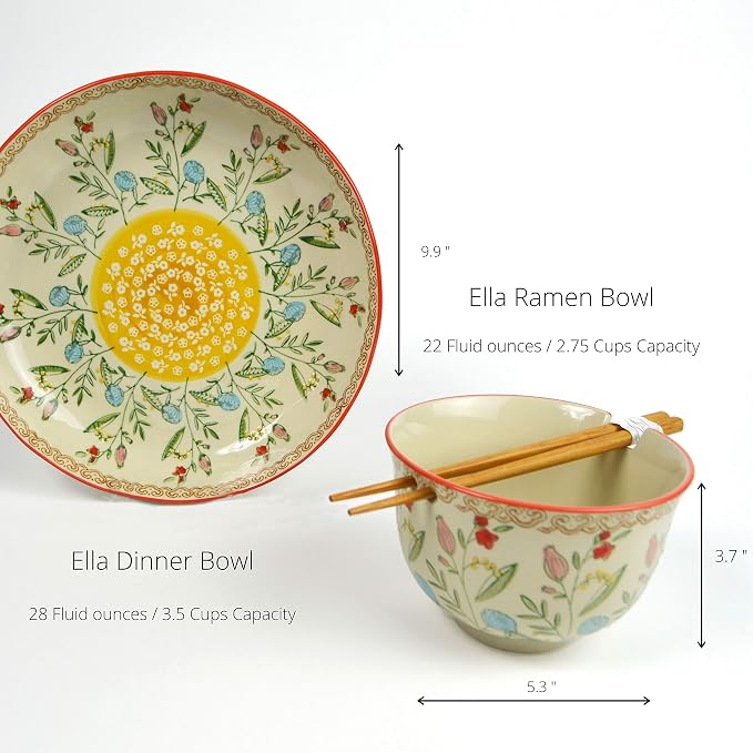 Ceramic Ramen Bowl Set | Ella Collection by Euro Ceramica | Salad Soup Ramen Bowl 2 Sizes Included with Chopsticks | Microwaveable Bowl for Ramen, Noodles, Pho, and Udon - Red Floral Design - Image 2