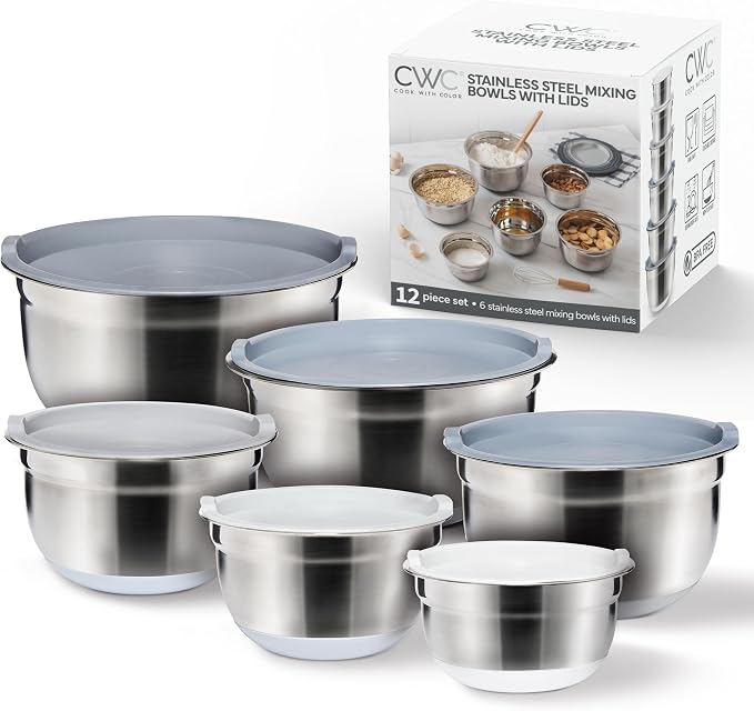 COOK WITH COLOR Stainless Steel Mixing Bowls Set with Lids - Nesting Bowls with Non-Slip Bottom, Grey, 12 Pieces by CookwithColor