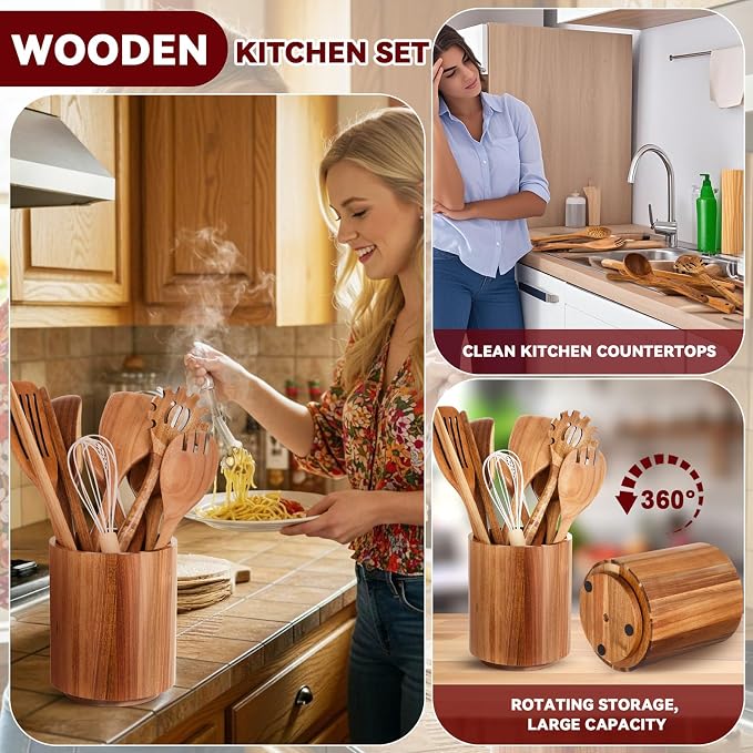 SiliFine 11 Pcs Wooden Kitchen Utensils Set with 360° Straight Rotating Holder Acacia Wood Cooking Utensils with Cooking Spoons Spatulas Nonstick Cookware Countertop Kitchen Decorations(Natural) - Image 3