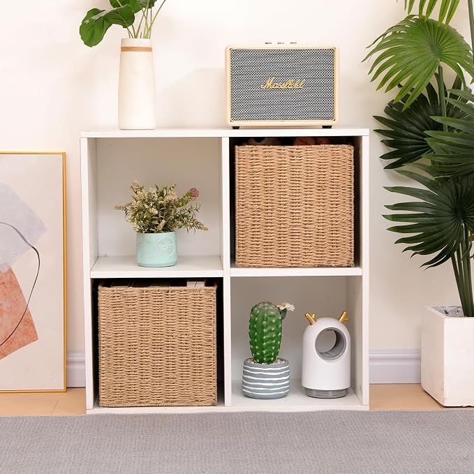 Foldable Storage Baskets with Handles, 11x11x11 Inch, 2 Pack | Paper Rope Square Storage Cubes Bins for Shelves, Living Room, Bedroom, Pantry - Image 3