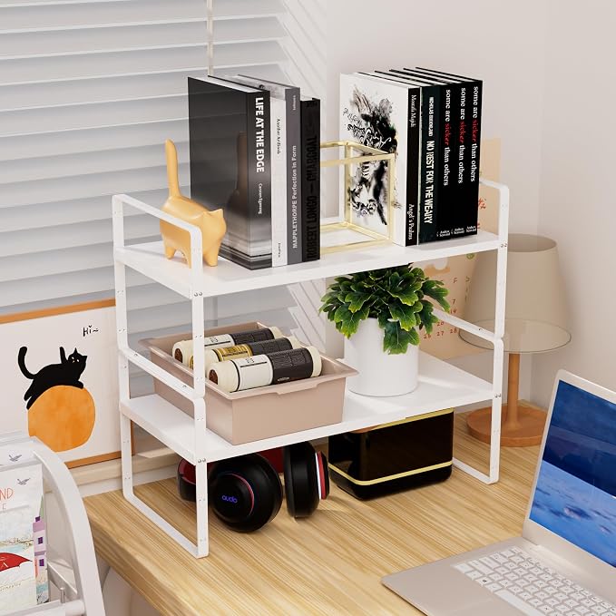 Cabinet Organizer Shelf,Expandable Cabinet Space Rack,Stackable Shelves Adjustable Storage Shelf,Riser for Kitchen Pantry Office,10.24" D,White - Image 4
