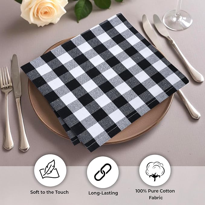 Urban Villa Cloth Napkins Cotton 20x20 (Set of 6) Black Cheks - Image 5