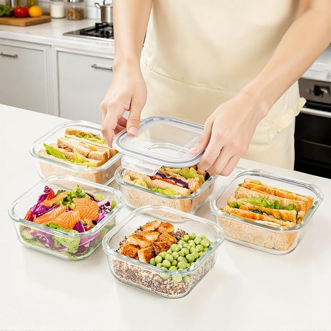 Vtopmart 5Pack 27oz Glass Food Storage Containers with Lids, Grey | Glass Meal Prep Container Sets, Sandwich Containers, Snap Airtight Lid For Microwave, Oven, Freezer and Dishwasher, BPA Free - Image 5