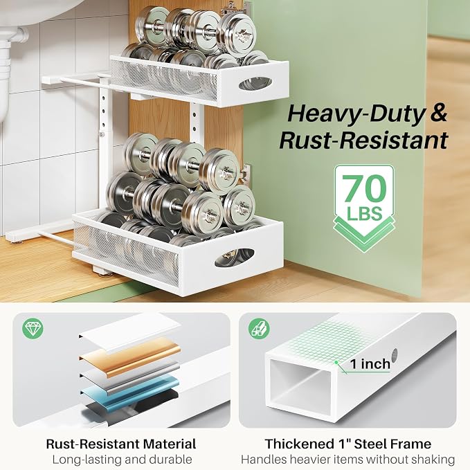Under Sink Organizer, 2-Pack Pull Out Cabinet Organizer 2 Tier Metal Slide Out Storage Shelf Rack, L-Shaped Adjustable Height,Mesh Sliding Drawer for Kitchen, Bathroom, Laundry, Pantry, White, XL - Image 6
