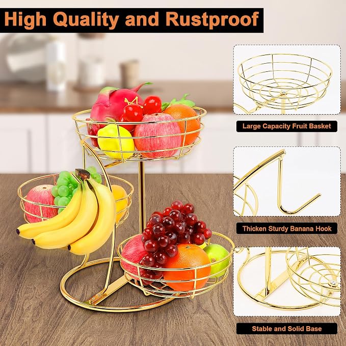 Livabber Fruit Basket Bowl with Banana Hanger, Fruit Vegetable Storage Basket with Banana Tree Holder for Kitchen Counter, Detachable Organizer for Bread Snack Produce (Gold, 3-Tier Metal Base) - Image 6