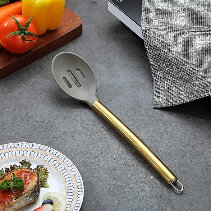Berglander Non-stick Silicone Slotted Spoon, Titanium Gold Plated Handle, Basting Spoon, Dishwasher Safe, Easy to Clean - Image 2