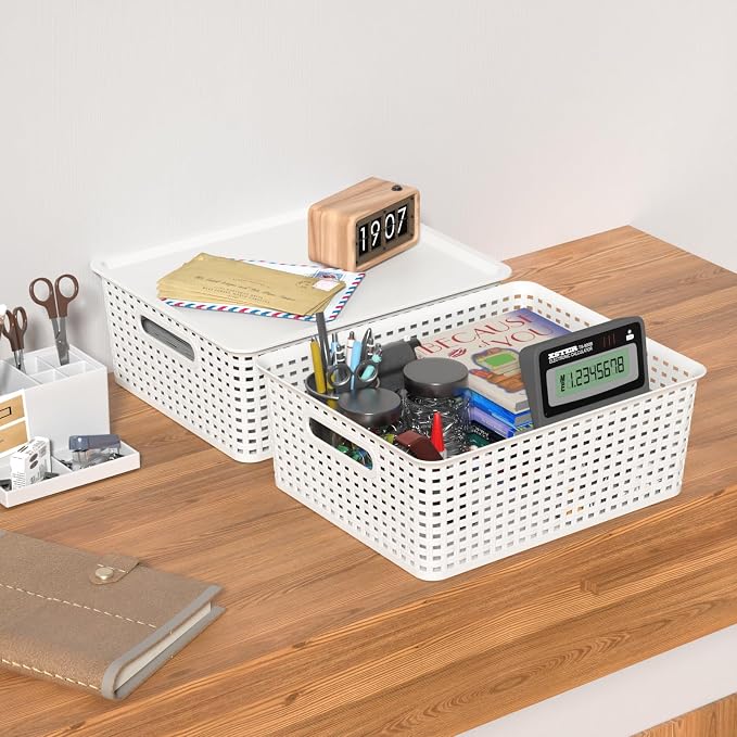 Hespama 6 Pack Plastic Weave Storage Basket, Stackable Lidded Organizer Bin | White - Image 3