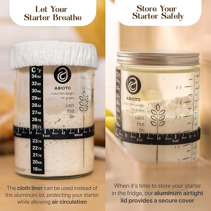 ABIOTO Sourdough Bread Baking Supplies and Starter Kit - Ultimate Bread Making and Sourdough Starter Kit with Proofing Baskets, 34oz Sourdough Jar, Bread Lame, Scrapers & Danish Whisk - Image 3