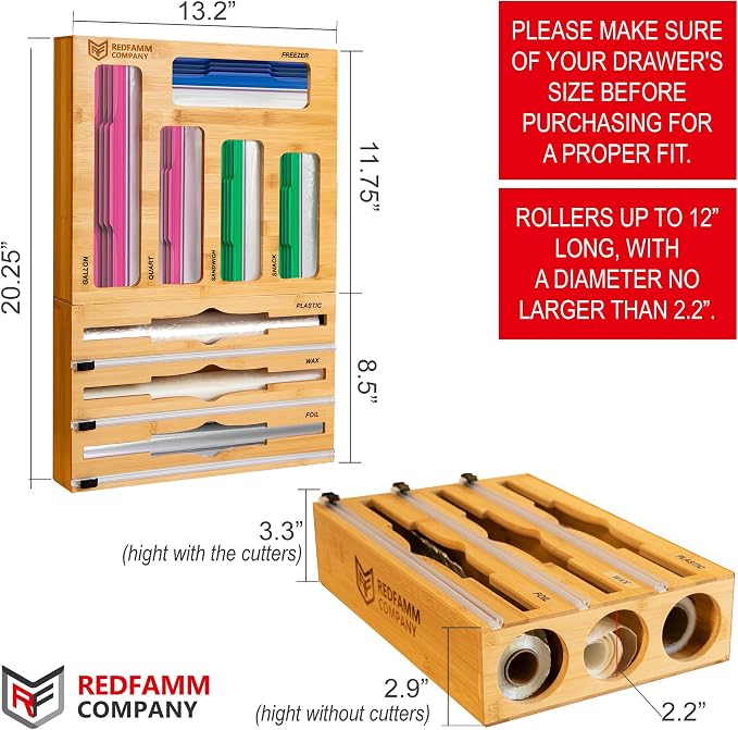 REDFAMM 8in1 Food Storage Bag Organizer Foil and Plastic Wrap Organizer with Cutter, Bamboo Plastic Bag organizer for Kitchen Drawer, Baggie Organizer for Gallon Quart Sandwich Snack Freezer - Image 5