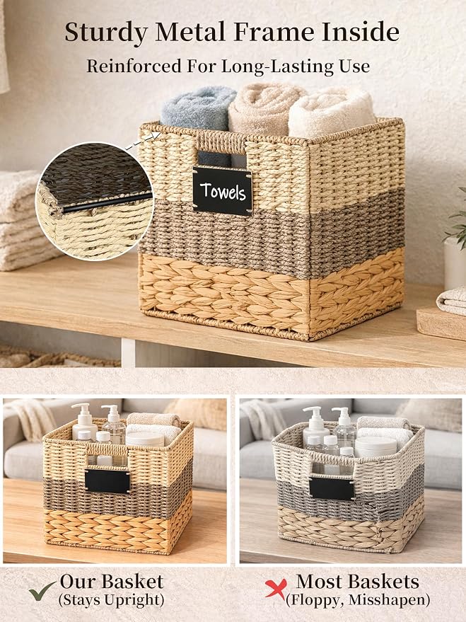 10.5 Inch Cube Storage Bin, 4 Pack Wicker Storage Baskets, Natural | Water Hyacinth Cubby Baskets, Square Handwoven Storage Bins, Foldable Shelf Baskets with Handles for Home, Organizer, decor - Image 4