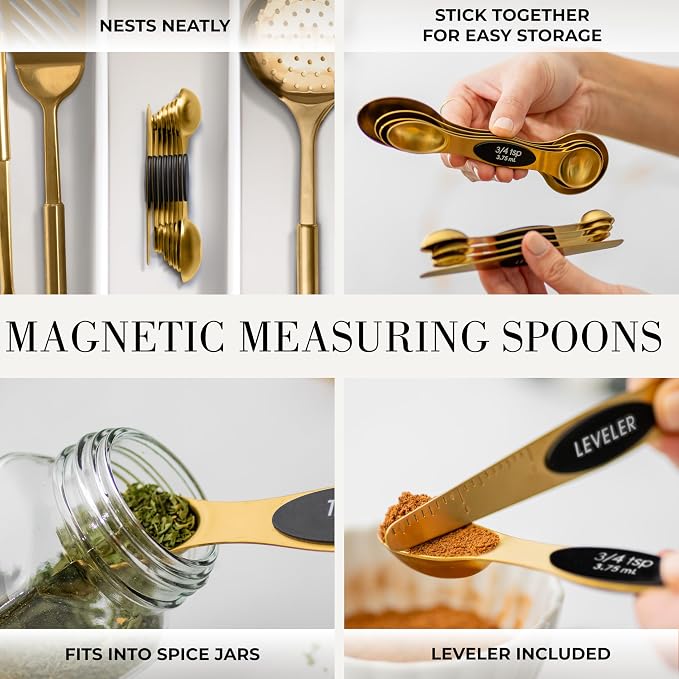 Styled Settings Black and Gold Kitchen Utensils Set, 15-Piece | Nonstick BPA-Free Silicone Coooking Utensils, Gold Utensil Holder, & Magnetic Measuring Spoons - Stylish Kitchen Accessories - Image 4