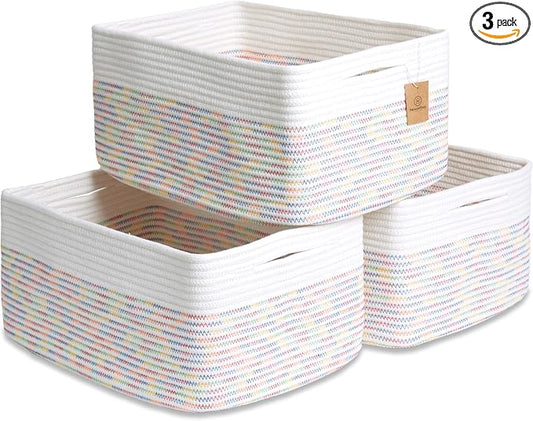 NaturalCozy Storage Baskets 16.8”x13”x7.6” Cotton Rope Woven Baskets for Organizing 3-Pack | Toy Storage Bins | Basket for Shelves, Laundry, Blanket, Clothes, Closet, Kitchen, Bathroom, Gifts by NaturalCozy