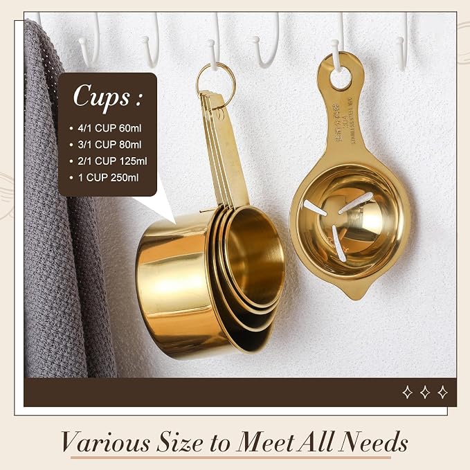 LemonRoad 8 Pcs Gold Kitchen Accessories Set Includes 1.5/2/2.8/3.6 Qt Gold Mixing Bowls with Airtight Lids, 1 Set Stainless Steel Measuring Cups, Grater Slicer with Handle, Egg Beater, Egg Separator - Image 3
