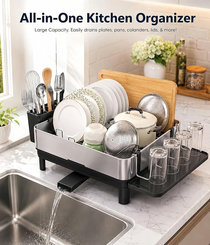 Dish Drying Rack, 17-Inch Dish Drainer for Countertop, Stainless Steel | 4-Way Adjustable Drainage Spout, Removable Cup & Chopstick Holder, Tool-Free Setup, Rustproof Utensil Holder for Kitchen Sink - Image 2