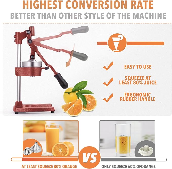 19 Inch Height Extra Tall Commercial Heavy Duty Cast Iron Hand Press Manual Orange Citrus Lemon Lime Grapefruit Pomegranate Fruit Juice Squeezer Machine with Stainless Steel Cup Red - Image 3