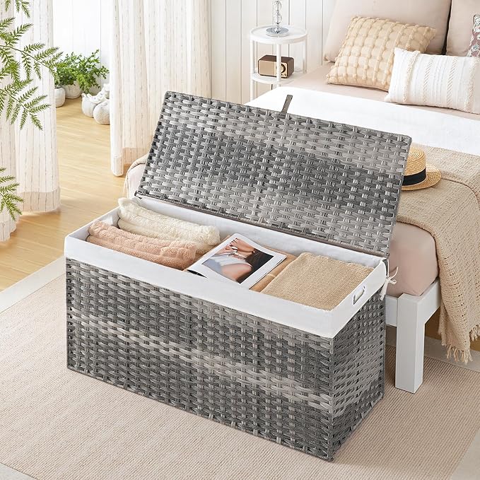 HOOBRO Storage Basket with Lid, 52.8 Gallon (200L) Wicker Basket, Handwoven Blanket Storage Basket with Handles, Metal Frame and Soft Lining, Foldable for Bedroom, Laundry Room, Gray GY220CW01 - Image 3