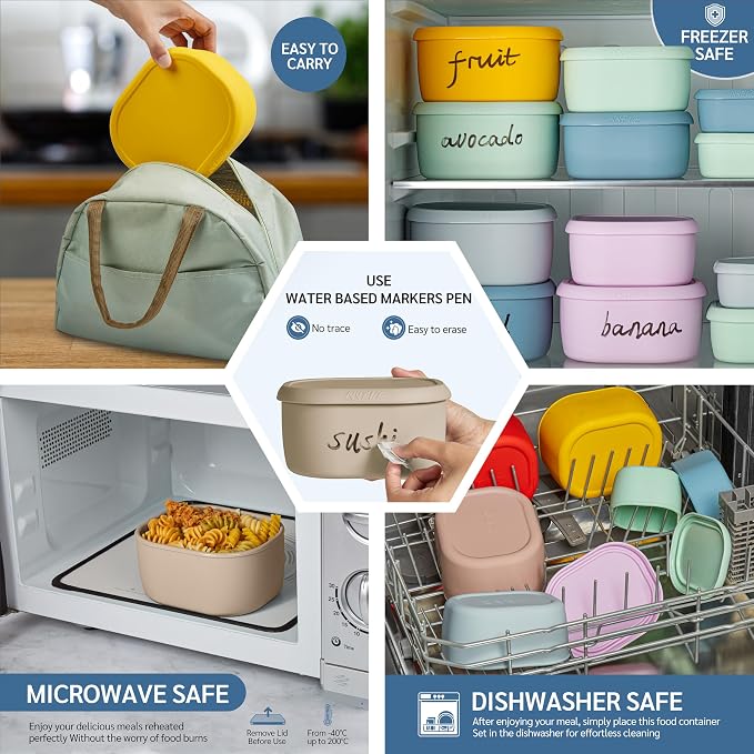 ISSEVE 12Pcs/Set Nesting Silicone Food Storage Containers with Lids | BPA-free, Reusable, Meal Prep Containers, Small Freezer Portions, Dishwasher Cleaning, Nested Cabinet Storage, 5 Sizes, Beige - Image 6