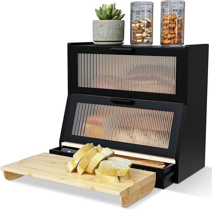 Bread Box for Kitchen Countertop - Bamboo Wood Breadbox with Knife Storage, Ventilation Holes - Farmhouse Loaf Organizer, Versatile 2 Layer Bread Storage Container for Snacks Mugs Spices by Unknown