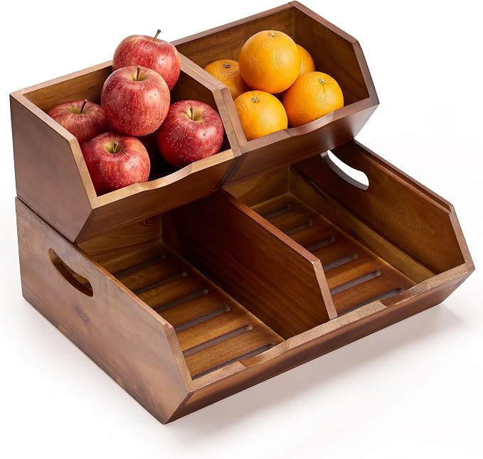 Tidita Wood Potato and Onion Storage Bin, Set of 3, Stackable, Walnut Color | Acacia Wood, Built-in Handles, Ventilated Pantry Storage Bins, 50LBS Capacity, Non-Skid Pads, Slatted Bottoms, Multi-Use by TIDITA