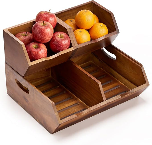 Tidita Wood Potato and Onion Storage Bin, Set of 3, Stackable, Walnut Color | Acacia Wood, Built-in Handles, Ventilated Pantry Storage Bins, 50LBS Capacity, Non-Skid Pads, Slatted Bottoms, Multi-Use by TIDITA