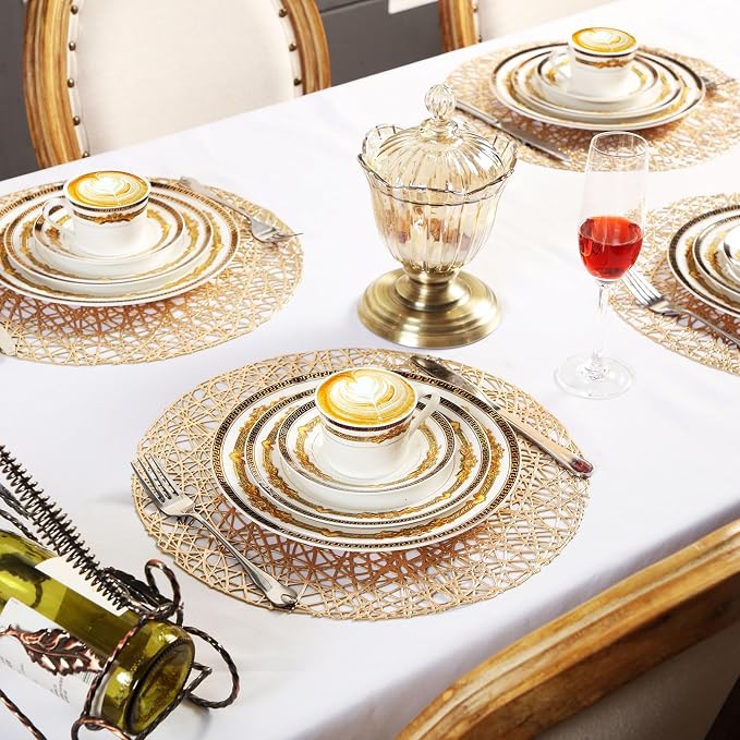 Sieral 60 Packs Gold Round Placemats 15 Inch Hollow Out Pressed Vinyl Place Mats Heat Resistant Woven Gold Placemats for Christmas Dinner Table Winter Holiday Party Wedding Centerpiece Decoration - Image 5