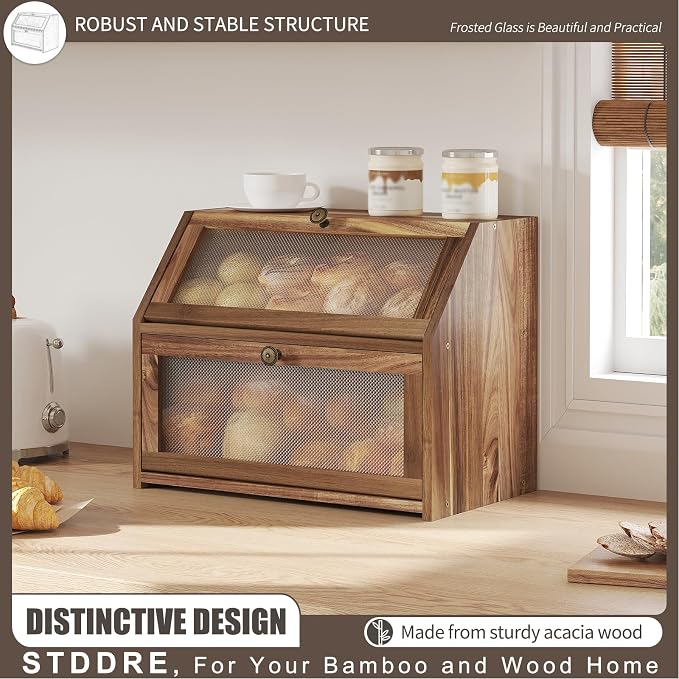 STDDRE Bread Box for Kitchen Countertop Large Double-Layer Wooden Corner Bread Box Farmhouse Bread Storage Bin Acacia Wood (Brown, Large) - Image 2