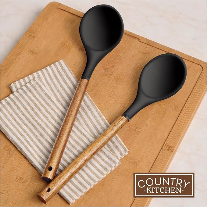 Country Kitchen Non Stick Silicone Utensil Set with Rounded Wood Handles for Cooking and Baking, 8 Piece Set, Black - Image 7
