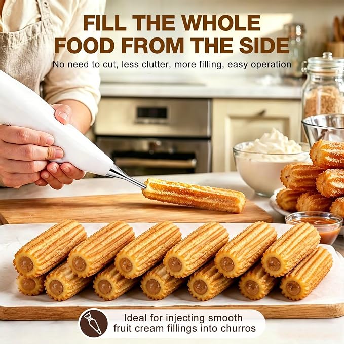 3-in-1 Cookie Press and Churro Maker, Stainless Steel Baking Gun | 11 cookie discs, 6 piping tips, filling nozzle, reusable piping bag, 2 cleaning brushes, for cookies, churros and icing - Image 3