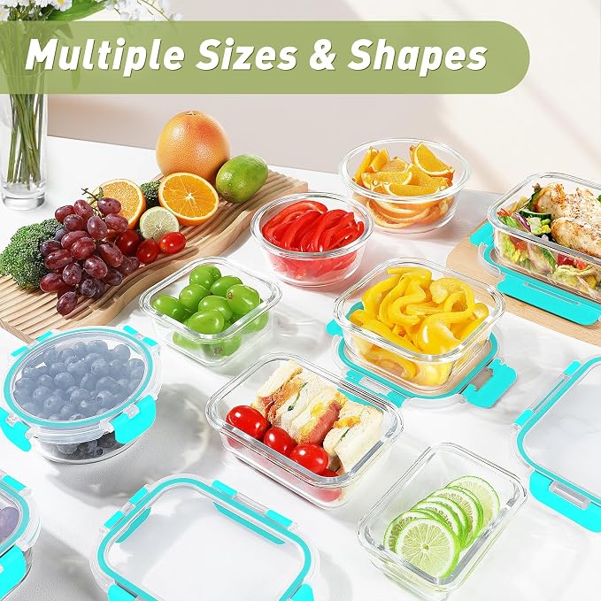 BAYZZ 30 Piece Glass Food Storage Containers Set, Glass Meal Prep Containers with Lids, Airtight Lunch Box, BPA-Free, Microwave, Freezer & Dishwasher Safe,Green - Image 5