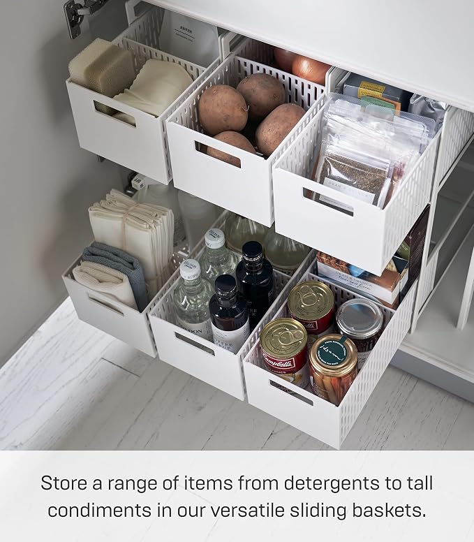 YAMAZAKI Home 2-Tier Storage Basket, Under-Sink Storage, ABS Plastic, White | Two-tier sliding baskets organizer rack designed for pantry or under-sink storage. Sturdy organization. - Image 3