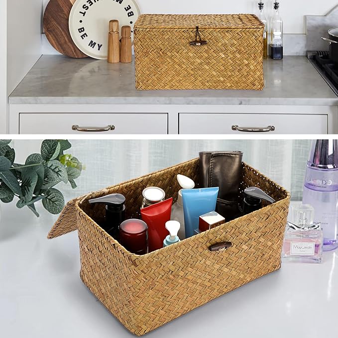 Hipiwe Wicker Shelf Baskets Bin Handwoven Seagrass Storage Basket with Lid | Rectangular Household Basket Boxes for Shelf Wardrobe Home Organizer, Caramel Medium - Image 2