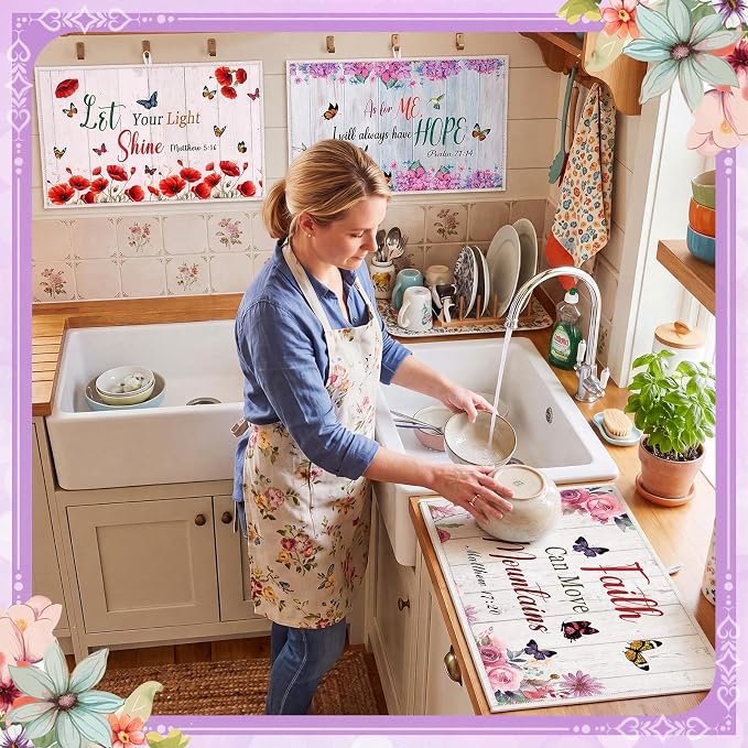 12 Pcs Christian Dish Drying Mats for Kitchen 24"x 16" Gifts Bulk | Religious Floral Scripture Hymn Microfiber Absorbent Washable Drainer Mat for Counter Home Accessories Decorations - Image 3